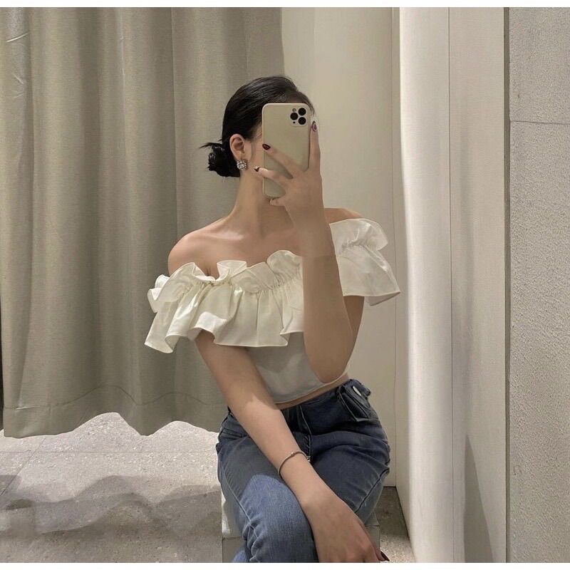 Áo trễ vai voan - áo croptop kiểu phối bèo