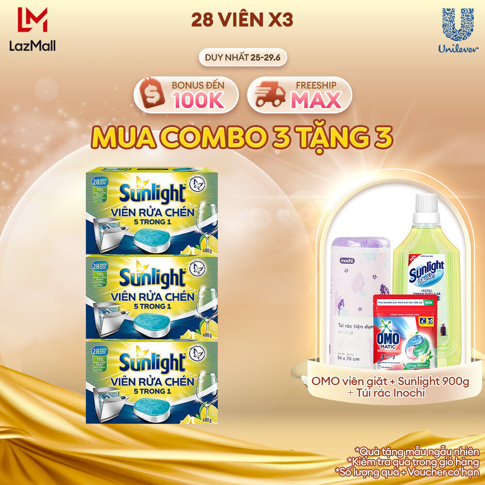 Combo 3 Hộp Viên Rửa Chén Bát Sunlight 5 In 1 Cho Máy Rửa Chén Bát (28V/Hộp)