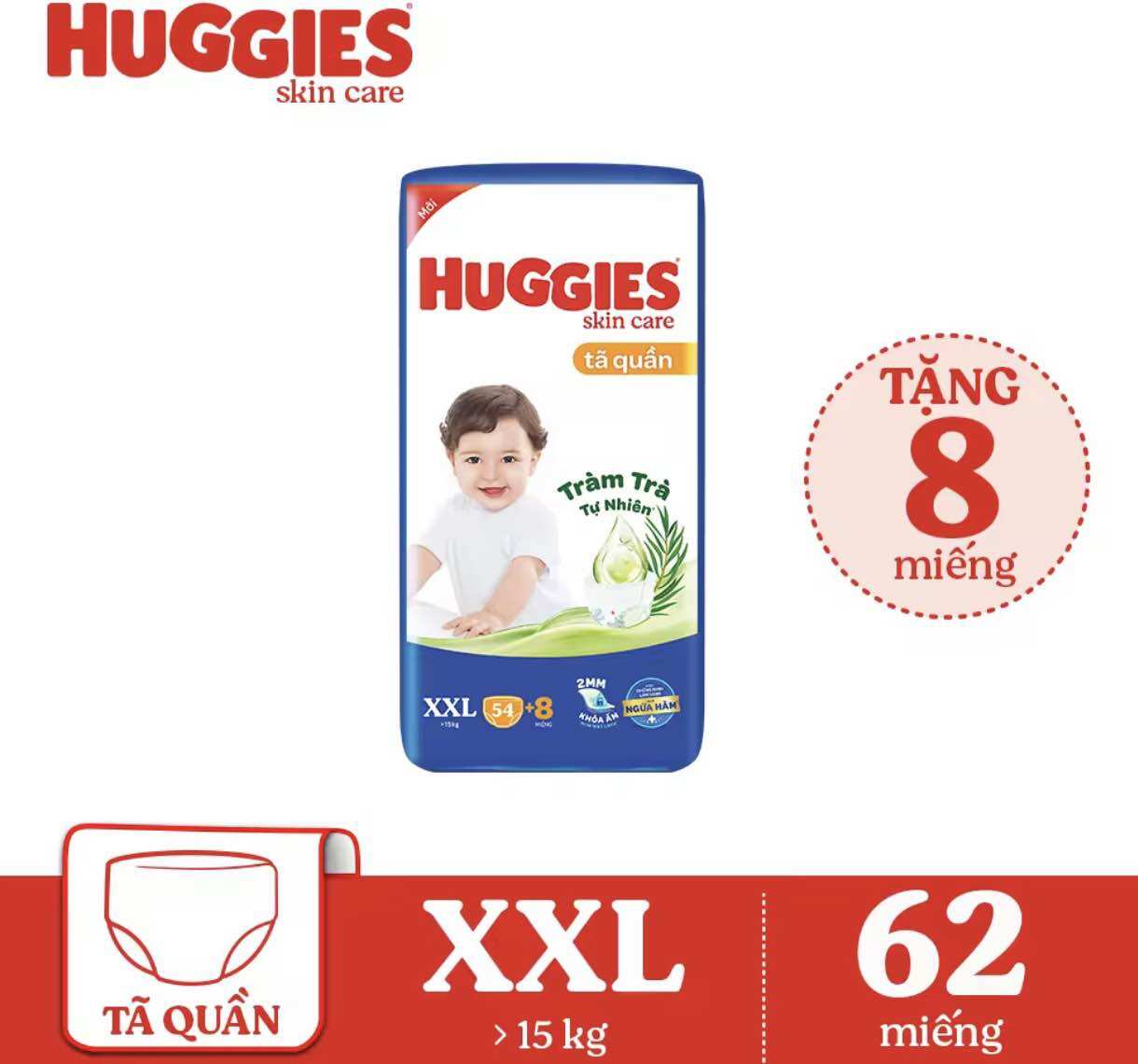 Tã quần huggies xxl56 mẫu mới tặng 6 miếng trà tràm