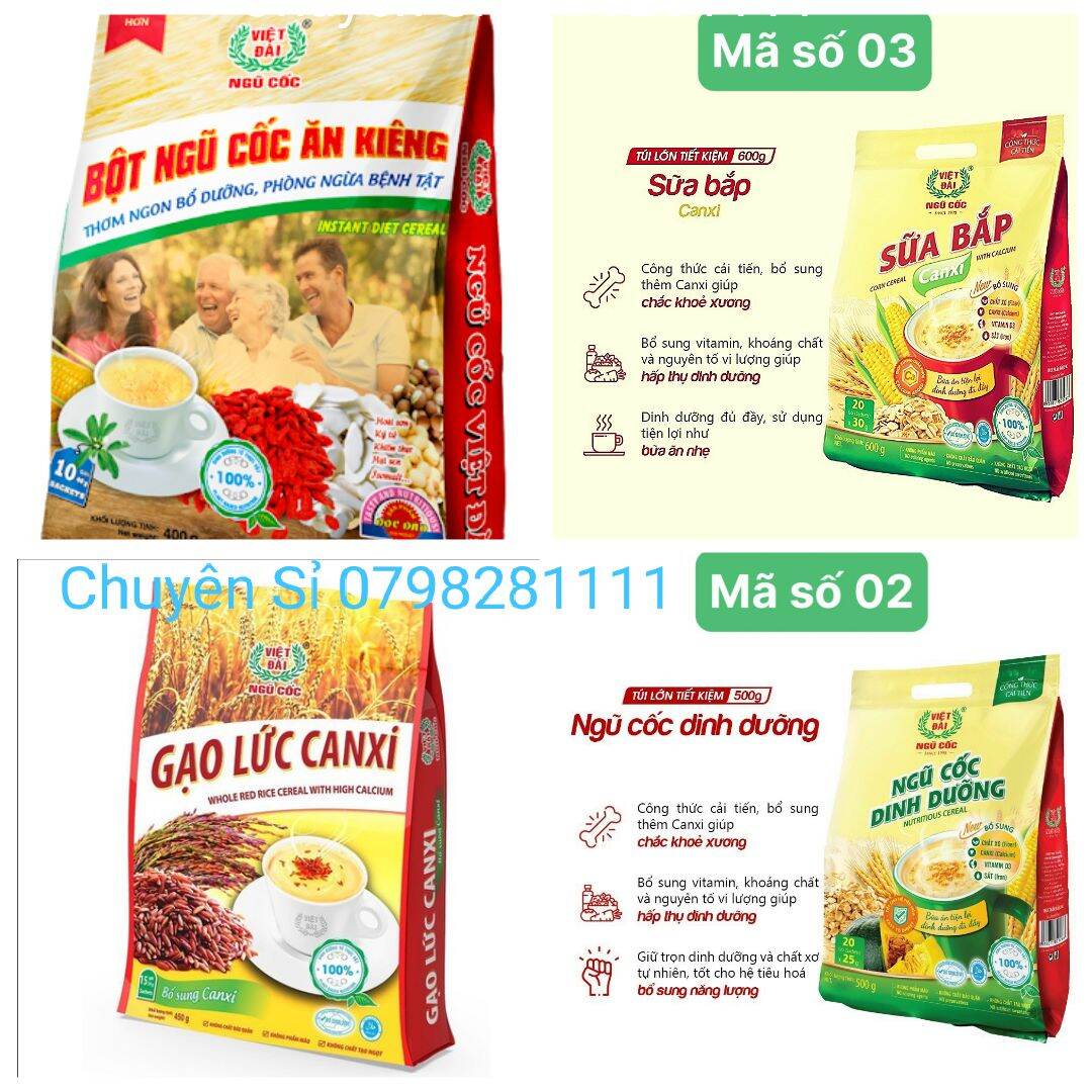 Bột Ngũ cốc Việt Đài Sữa Bắp Canxi 600gr/Ăn Kiêng 600gr/Dinh Dưỡng 500gr/Gạo lức Huyết rồng 600gr