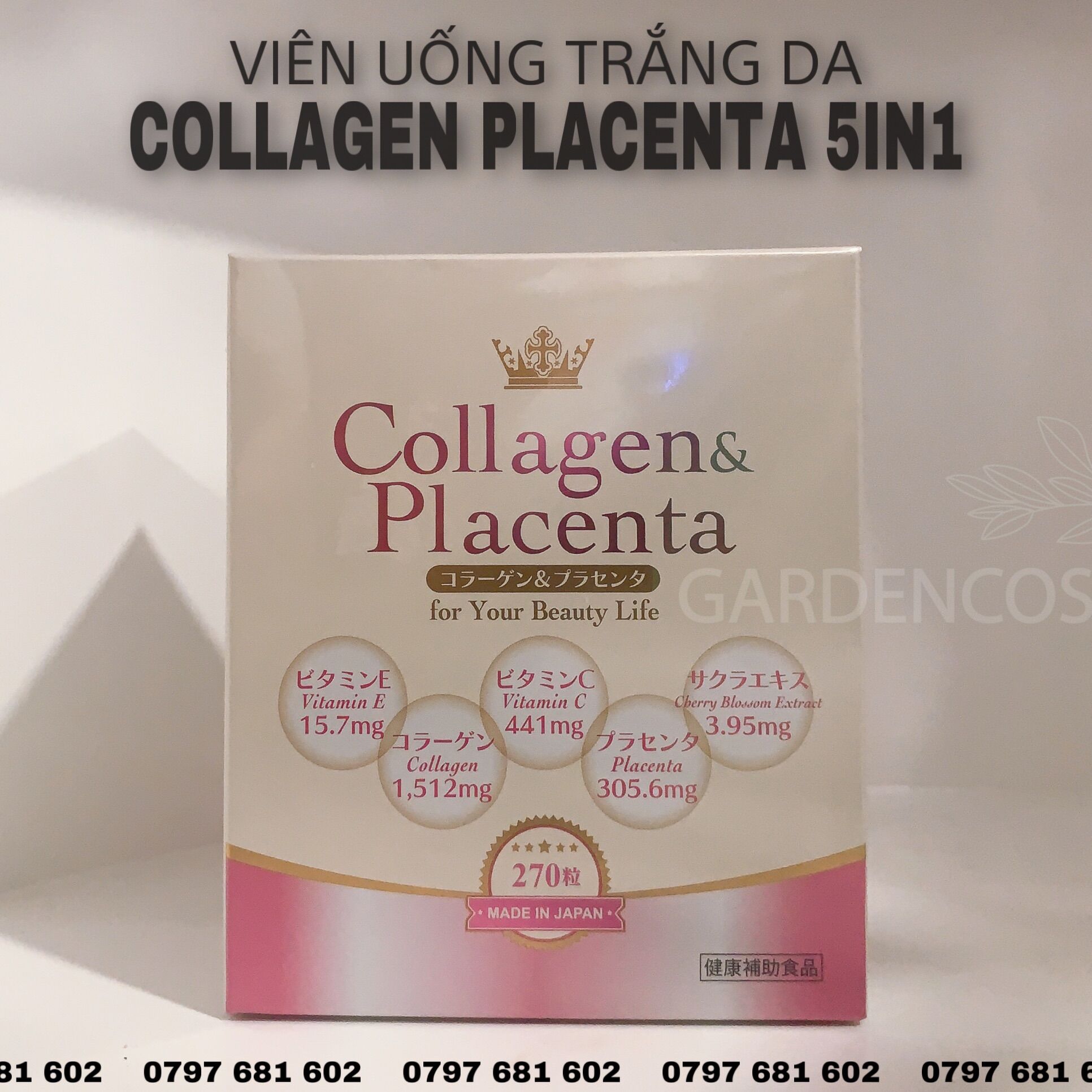 Viên uống trắng da Collagen & Placenta 5 in 1 Nhật Bản 270 viên