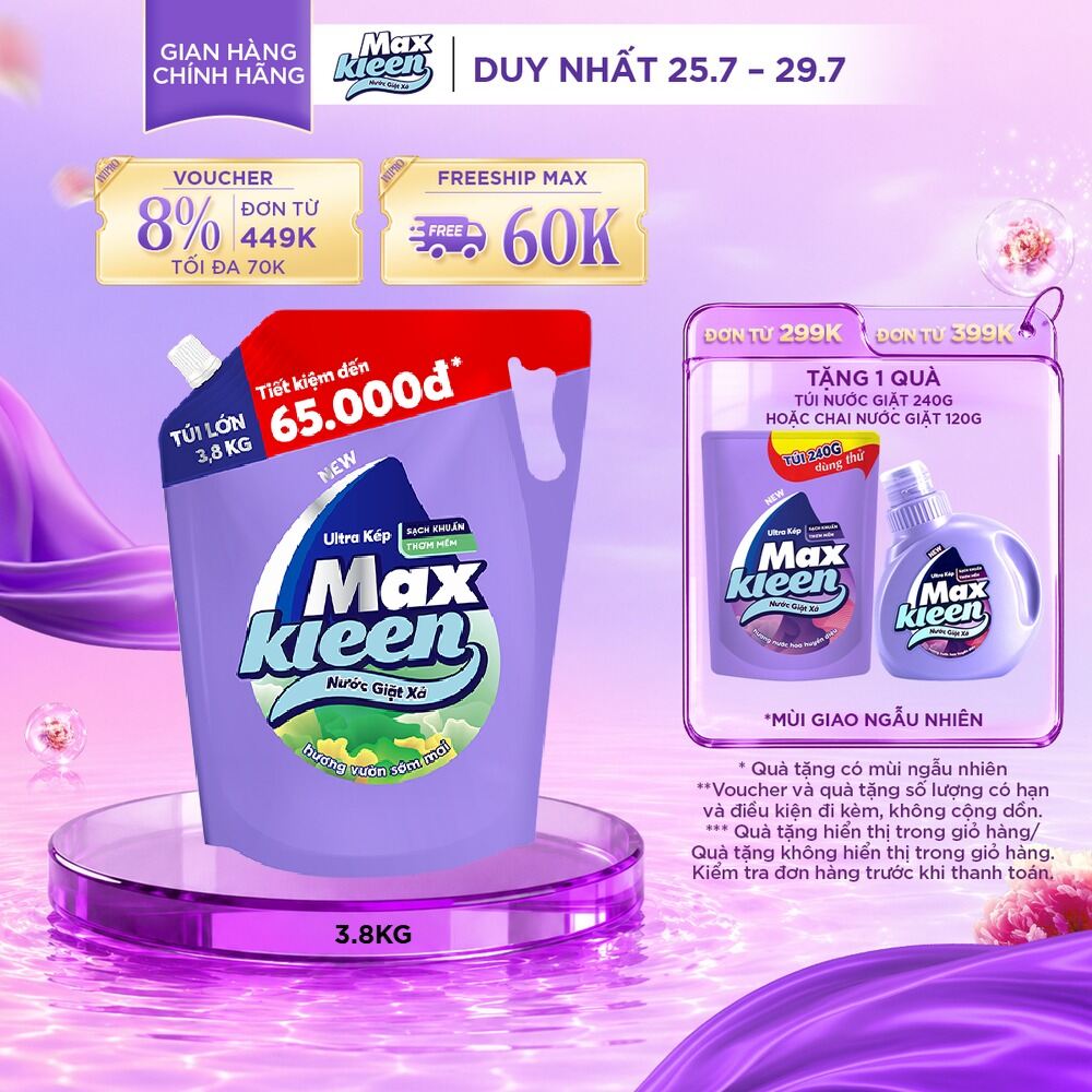 Túi Nước Giặt Xả MaxKleen 3.8kg/ 3.6kg (Huyền Diệu/ Hoa Nắng/ Vườn Sớm Mai/ Thiên Nhiên)
