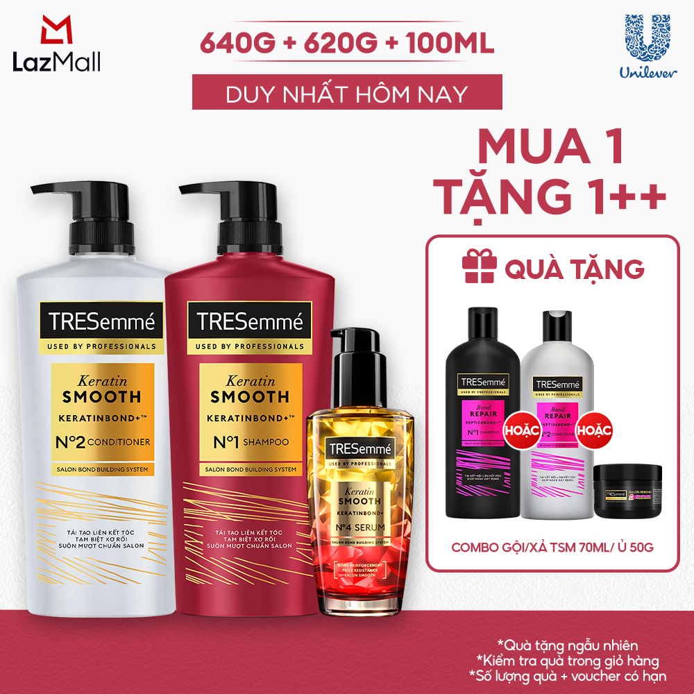 [TẶNG SẤY] Combo Dầu Gội, Dầu Xả, Serum TRESemmé Keratin Smooth Keratinbond+ 640g, 620g, 100ml Cho Tóc Khô Xơ Rối Vào Nếp Suôn Mượt