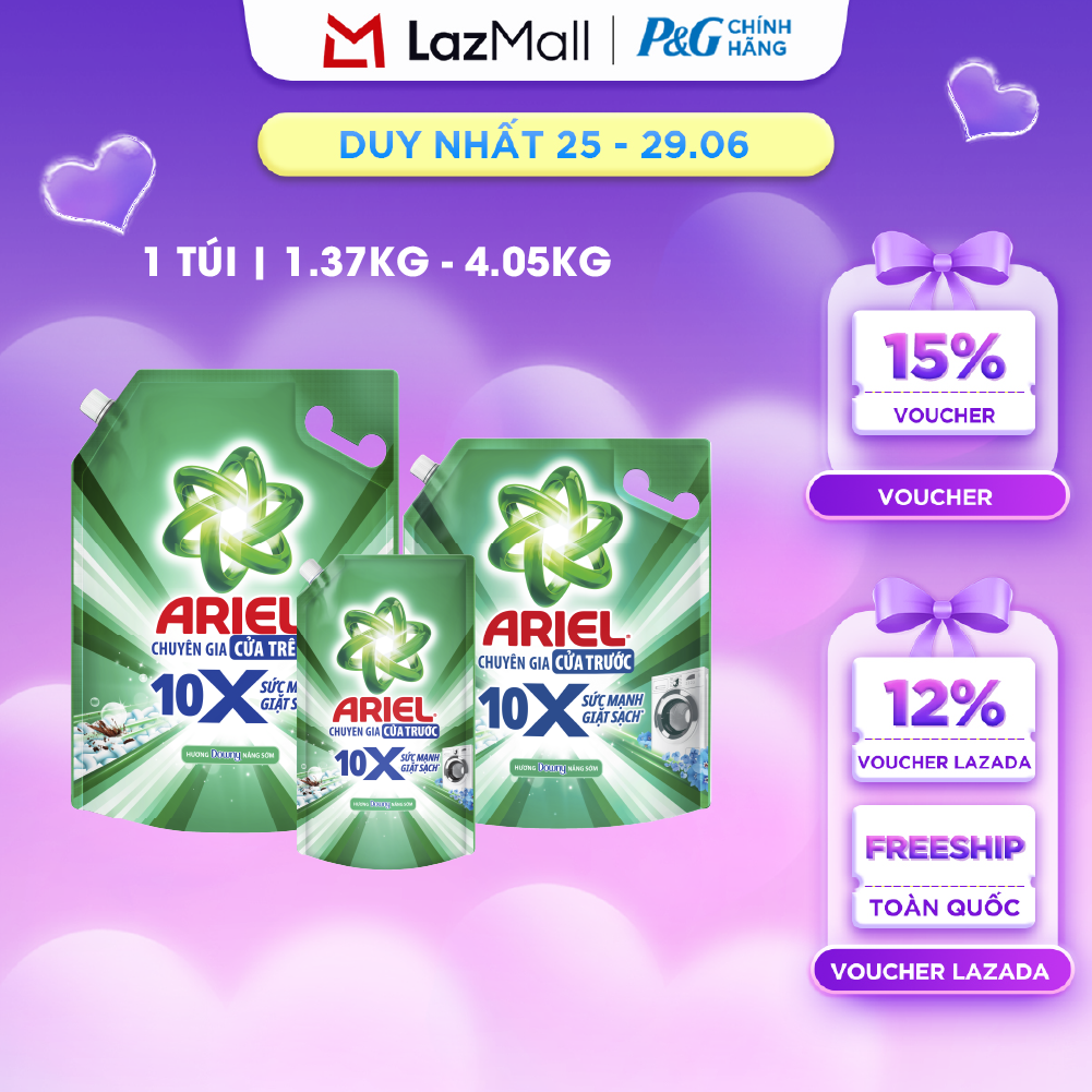 Nước Giặt Gel ARIEL 10X Sức Mạnh Giặt Sạch Chuyên Gia Cửa Trước - Cửa Trên Hương Downy Nắng Sớm Túi 1.37-4.05KG