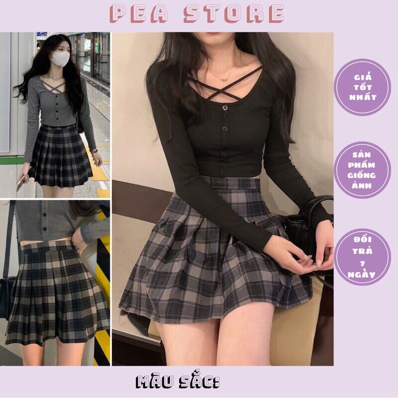 Áo croptop len tăm cổ đan chéo - chân váy dạ kẻ xếp ly ullzang Hàn Quốc (Ảnh thật/Sẵn)
