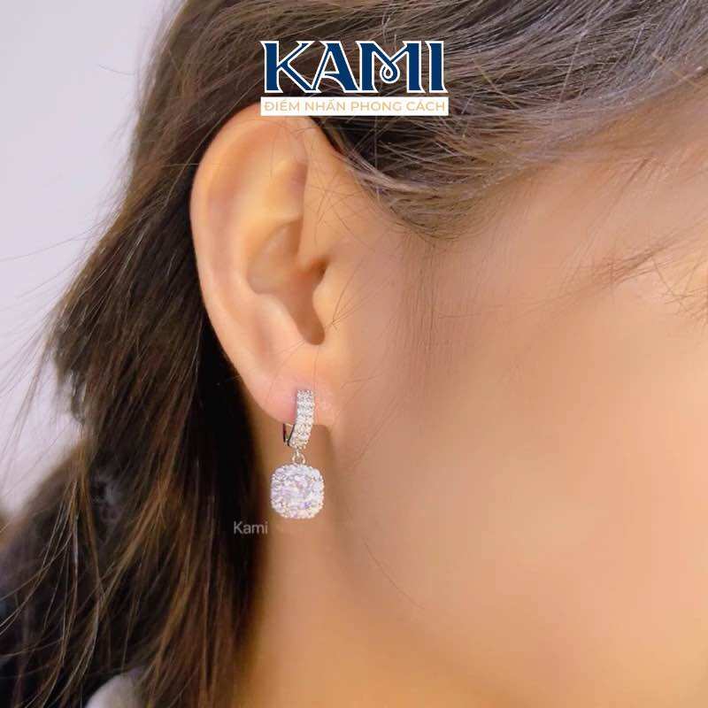 Bông tai vuông xi khoá tròn xi bạch kim sang chảnh Kami