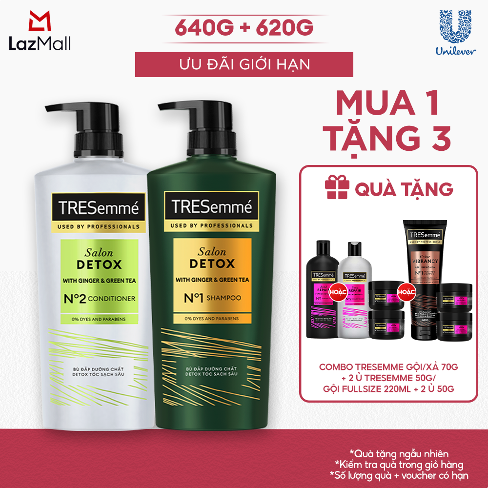 Combo Dầu Gội Dầu Xả TRESemmé Salon Detox Cho Tóc Sạch Sâu Gừng Và Trà Xanh Dưỡng Tóc Chắc Khỏe 640g