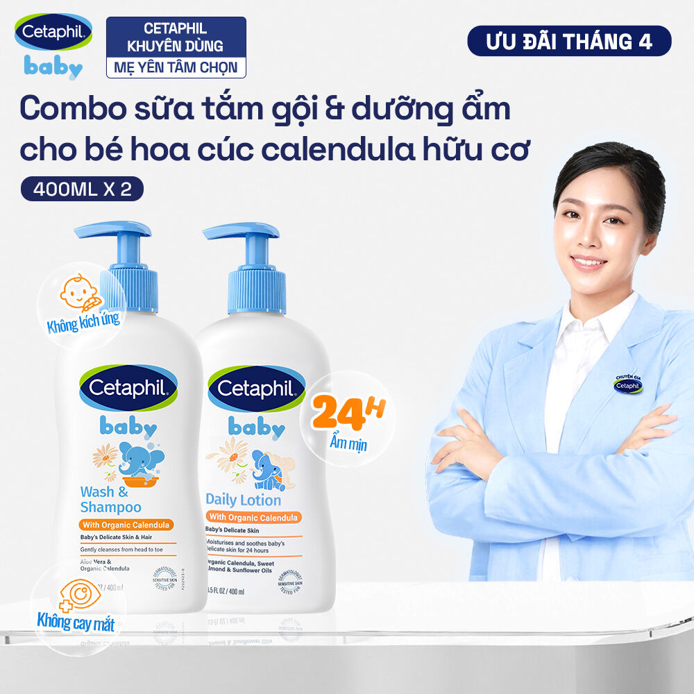 Combo Sữa tắm gội Cetaphil Baby WS with Organic Calendula 400ml + Sữa dưỡng thể Cetaphil Baby with Organic Calendula 400ml