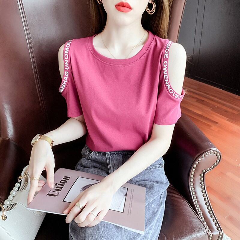 Áo Thun 2023 Cotton Áo Tay Lửng Hở Vai Thiểu Số Cảm Giác Thiết Kế Tôn Dáng Gầy Dễ Phối Mùa Hè Mẫu Mới Cho Nữ