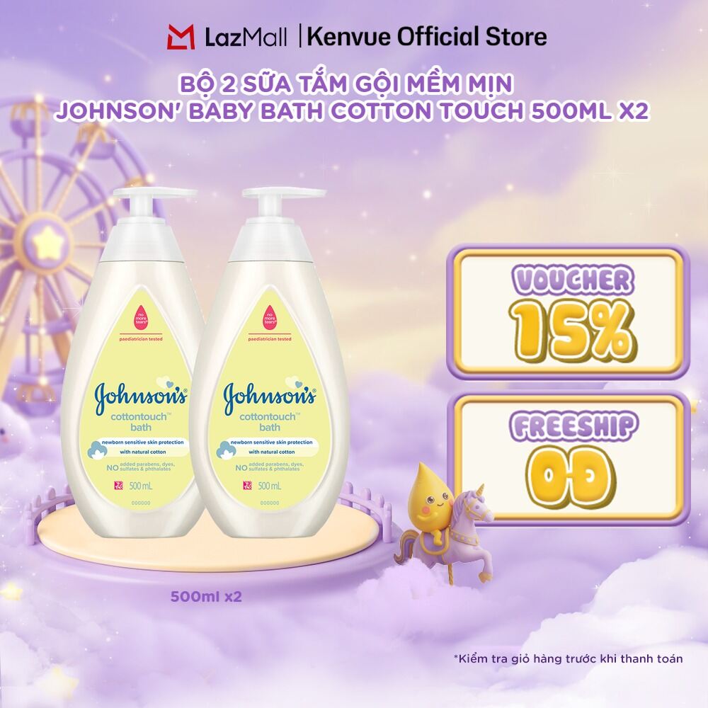 Combo 2 Chai Sữa Tắm Gội Toàn Thân Mềm Mịn Johnson' Baby Bath Cotton Touch 500mlx2