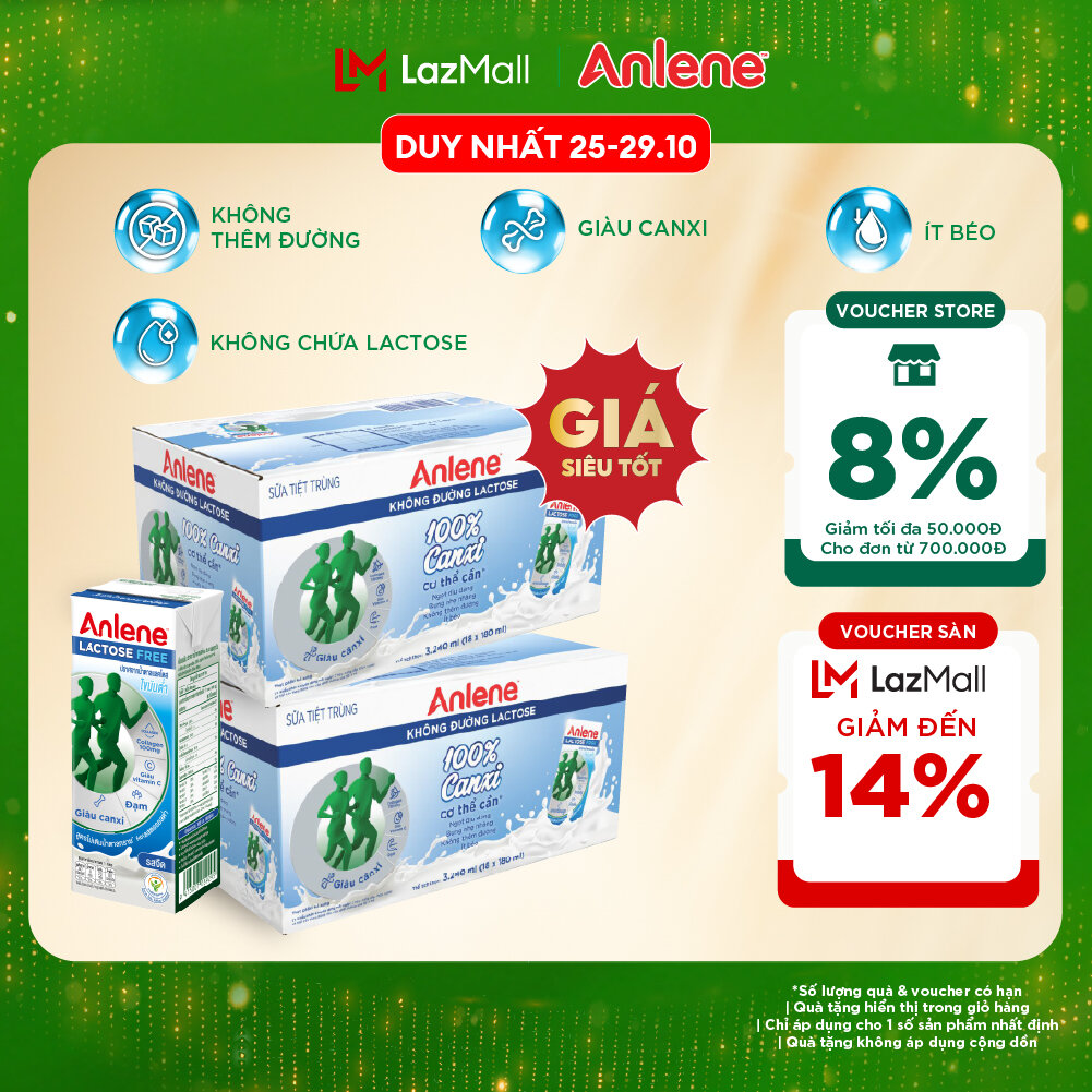 Combo 2 Thùng 36 hộp sữa Anlene không đường Lactose vị nguyên bản 180ml