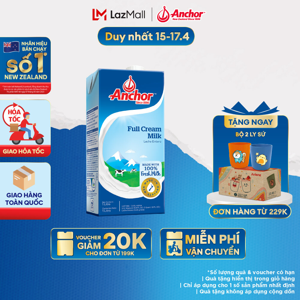 [GIAO HÀNG TOÀN QUỐC] Sữa Tươi Tiệt Trùng Anchor Nguyên Kem Hộp 1 Lít