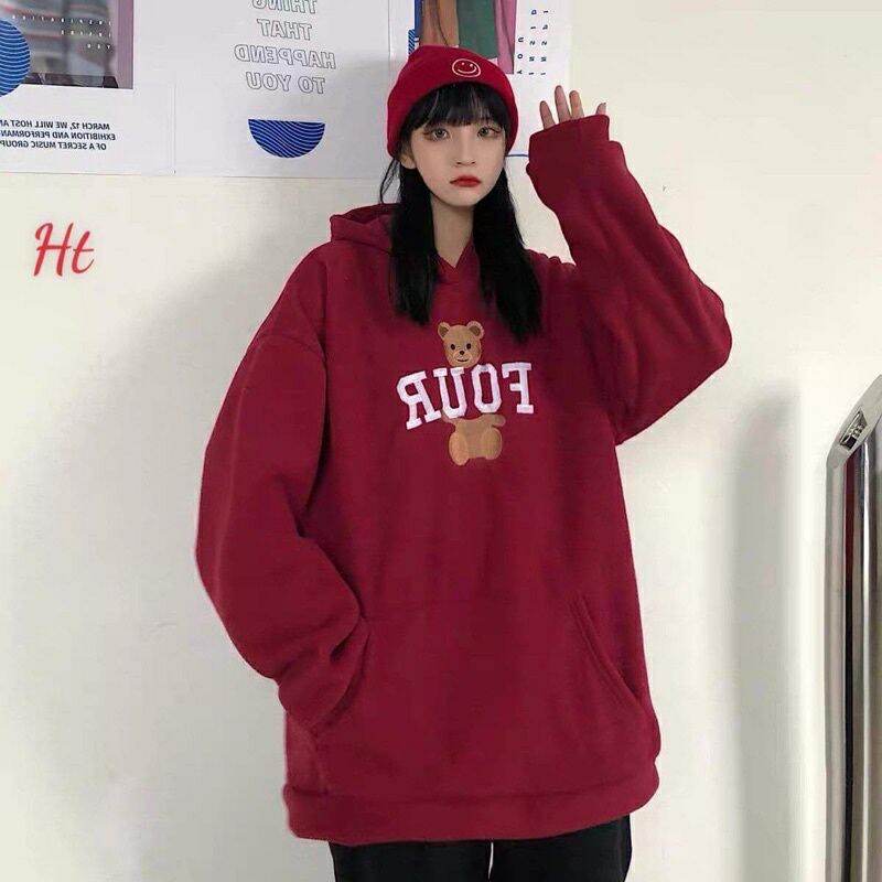 Áo nỉ , áo hoodie in chữ four hình gấu hai màu đỏ đen ấm áp, mềm mịn