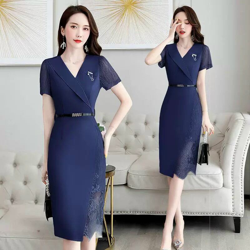Mẫu đầm ôm body đầm trung niên cổ V tặng kèm thắt eo và phụ kiện cài áo sang trọng thanh lịch có bigsize mới siêu hot giá rẻ đẹp