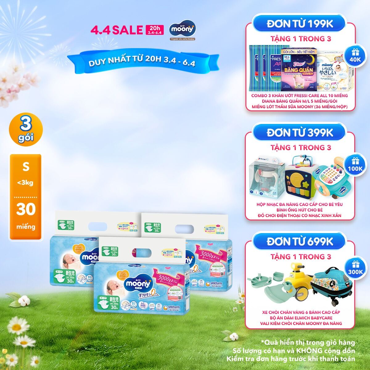 Combo 3 Tã/Bỉm dán cao cấp Moony Blue NB-3S 30 miếng (dưới 3kg)