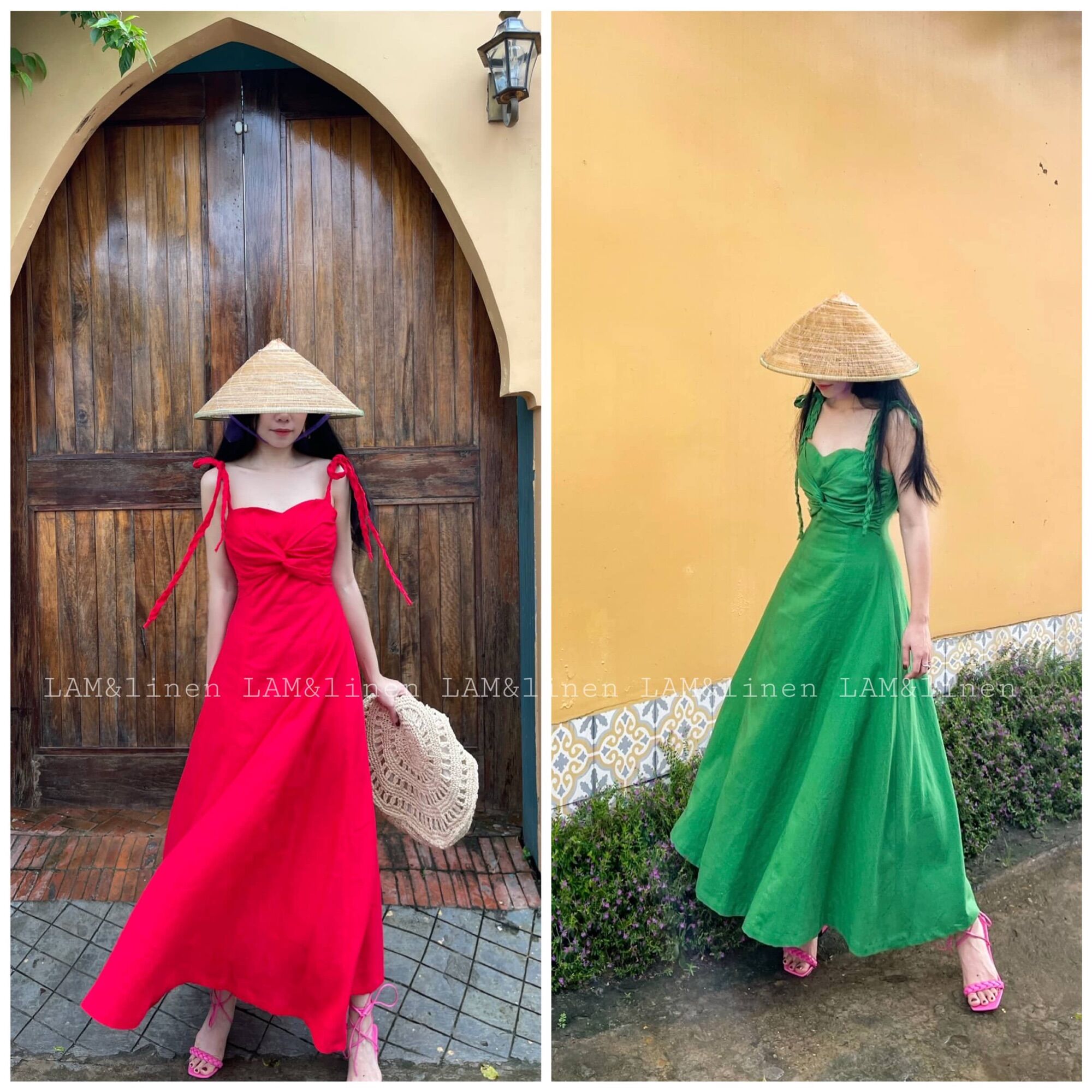 Đầm Maxi xoè xoắn ngực dây tết Linen