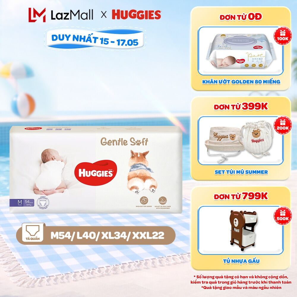 Tã quần Huggies Gentle Soft - Corgi M54/L40/XL34/XXL22 miếng êm mềm nâng niu làn da bé