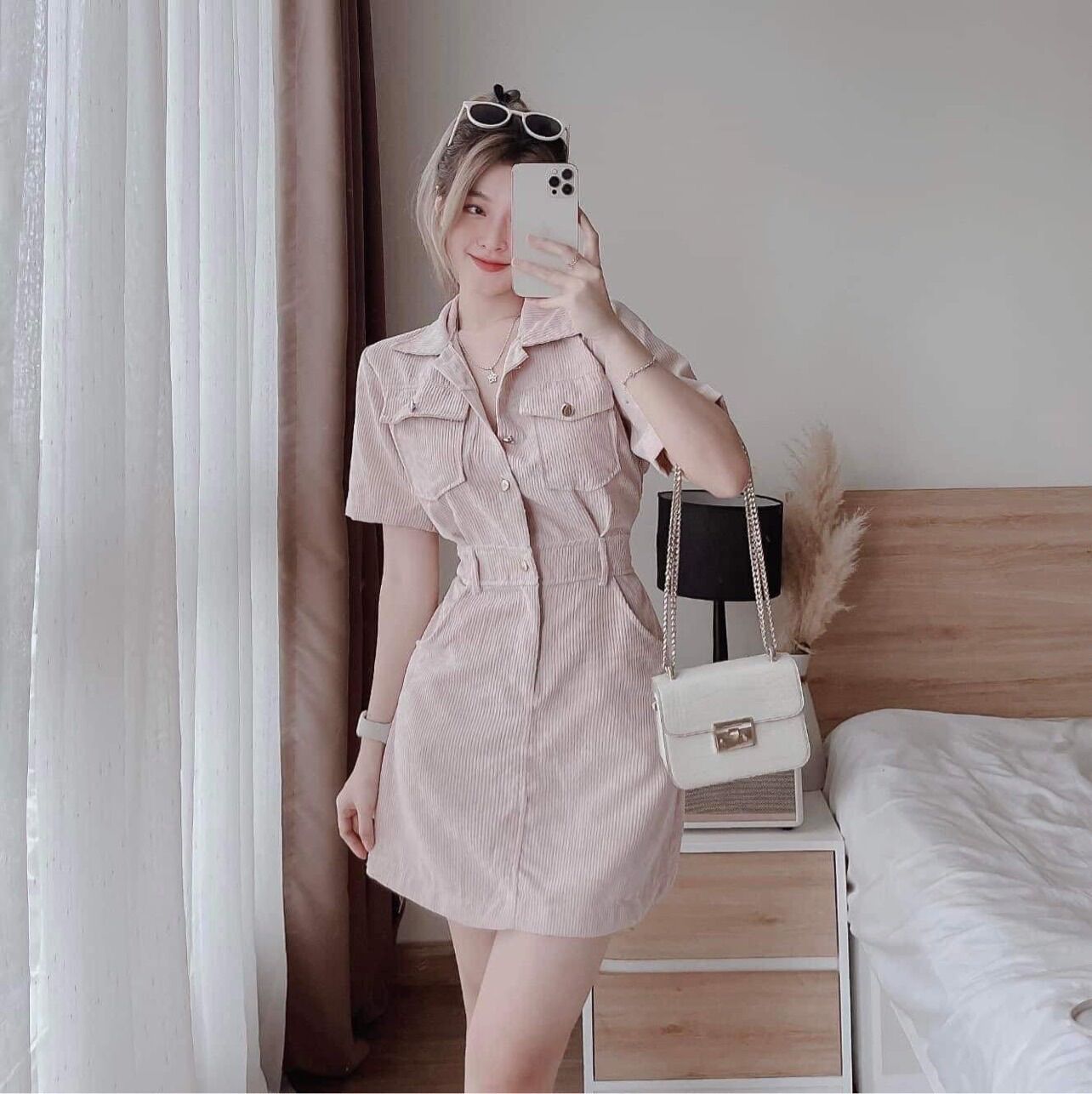 Đầm sơ mi nữ xiết eo phong cách trẻ trung đơn giản