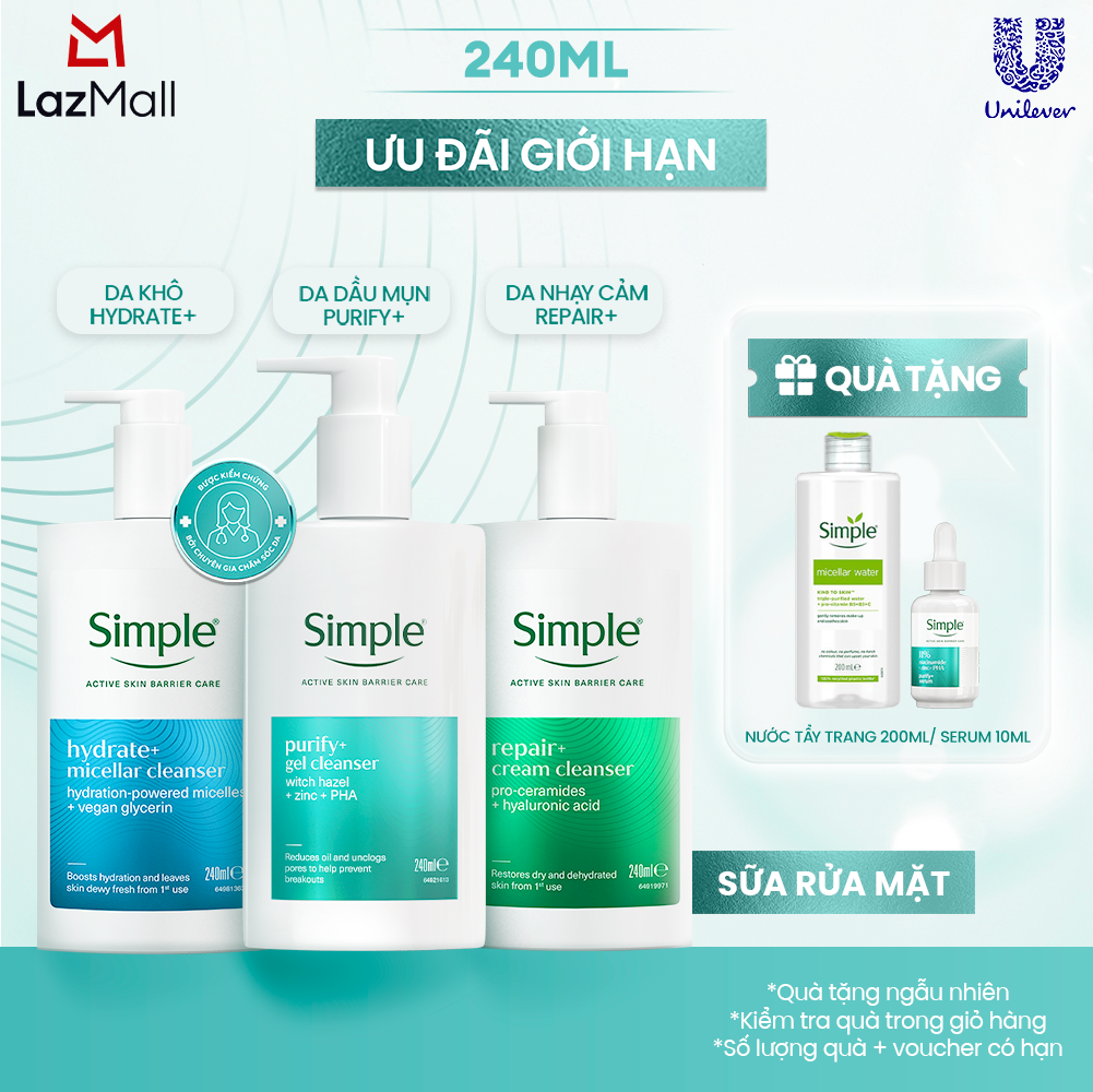   VC 15% tối đa 70K đơn 399K   MỚI  Sữa Rửa Mặt Simple Purify+ 240ml Giảm Mụn Sau 7 Ngày Repair+240ml phục hồi làn da. Hydrate+ 240ml Giúp Da Trông Căng Mướt Sau Lần Đầu Sử Dụng - cấp ẩm 