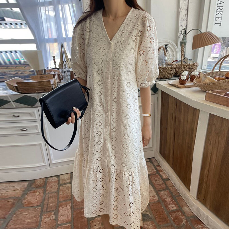 Sang Trọng, Lịch Sự Mùa Hè Hàn Quốc Pháp Thanh Lịch Cổ Chữ V Móc Ren Thiết Kế Rộng Rãi Tay Áo Bong Bóng Viền Bèo Hem Đầm Nữ Dài Đầm Tay Áo Ngắn Cao Vòng Eo