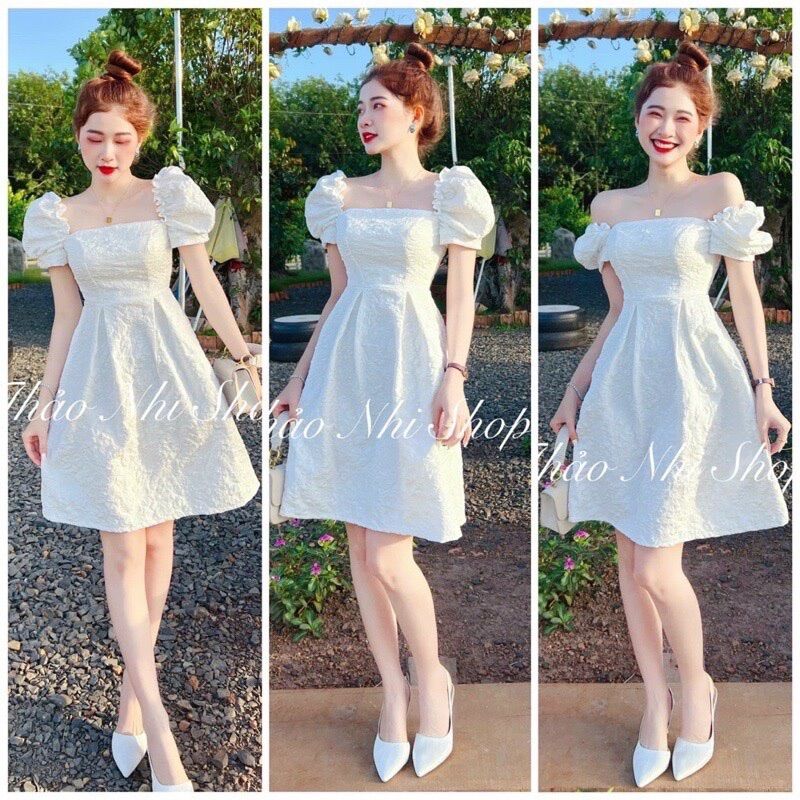 Váy gấm hoa ly cổ vuông mặc 2 kiểu