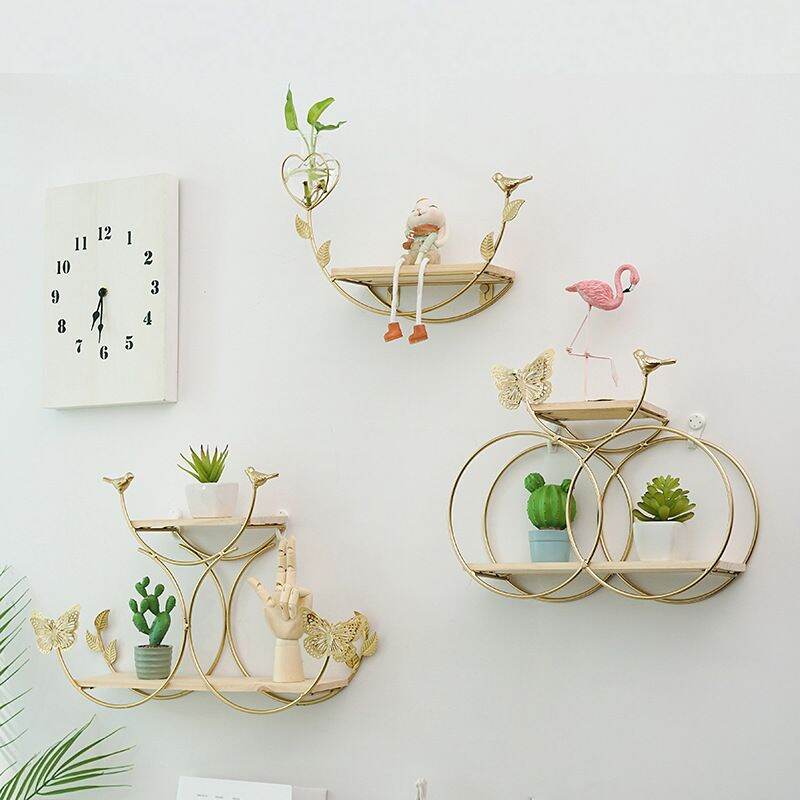 Kệ treo tường trang trí khung kim loại + kệ gỗ kèm Đèn Led