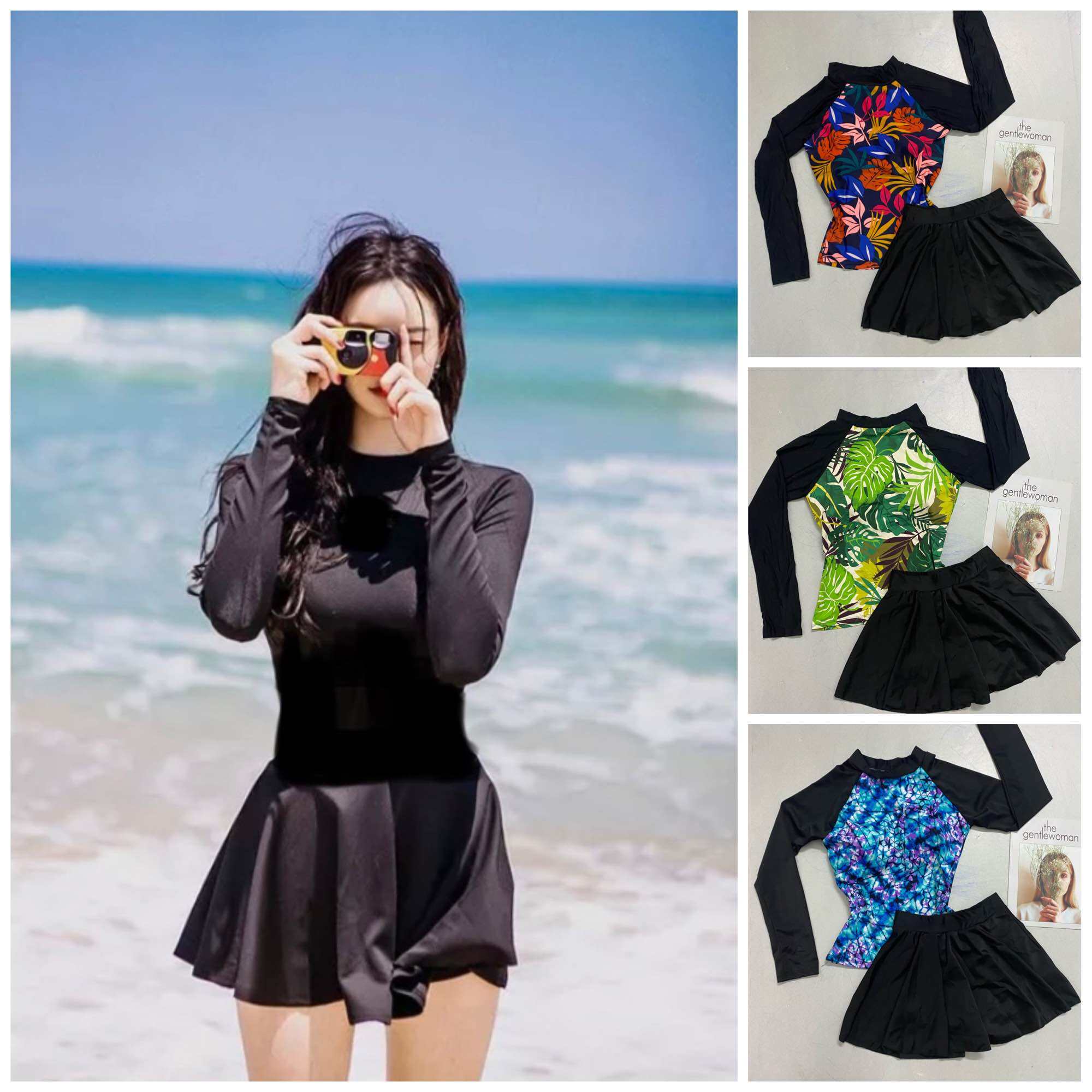 [Size M, L, XL, XXL] Đồ bơi nữ chống nắng giữ nhiệt tay dài phối váy xoè đen đi bơi biển tiện dụng Bikini SG