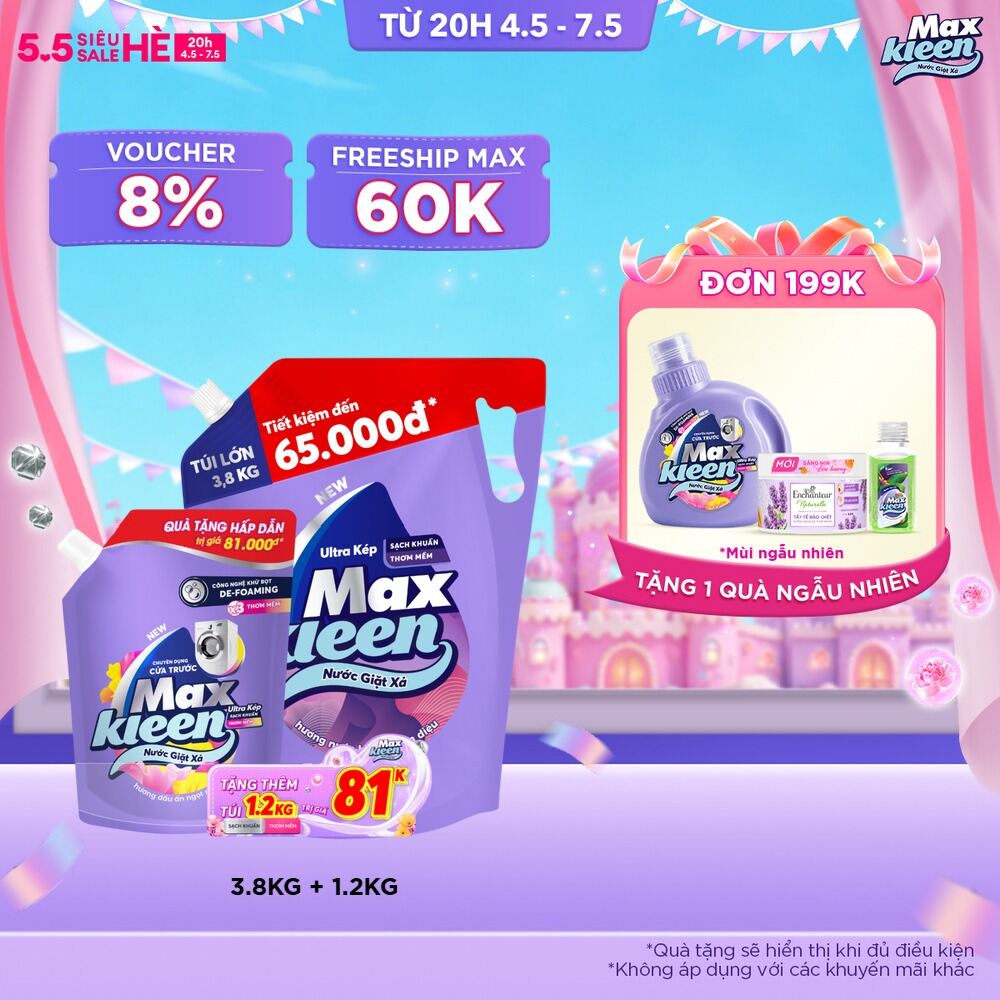 [Tặng kèm nước giặt xả 1kg2 ngẫu nhiên] Nước giặt xả cho máy giặt MaxKleen hương Hoa nắng/ Huyền diệu/ Vườn sớm mai 3.8kg