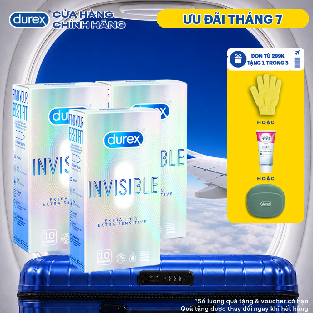 Bộ 3 hộp bao cao su Durex Invisible siêu mỏng, size 52mm, hộp 10 bao