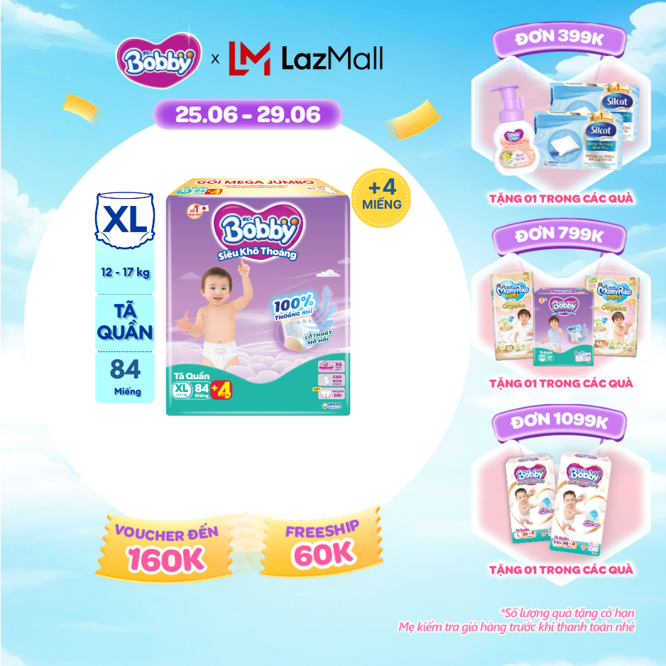 [SALE CUỐI THÁNG tặng QUÀ TO-SLCH] Tã/bỉm quần Bobby 3mm Mega Jumbo Siêu khô thoáng XL84