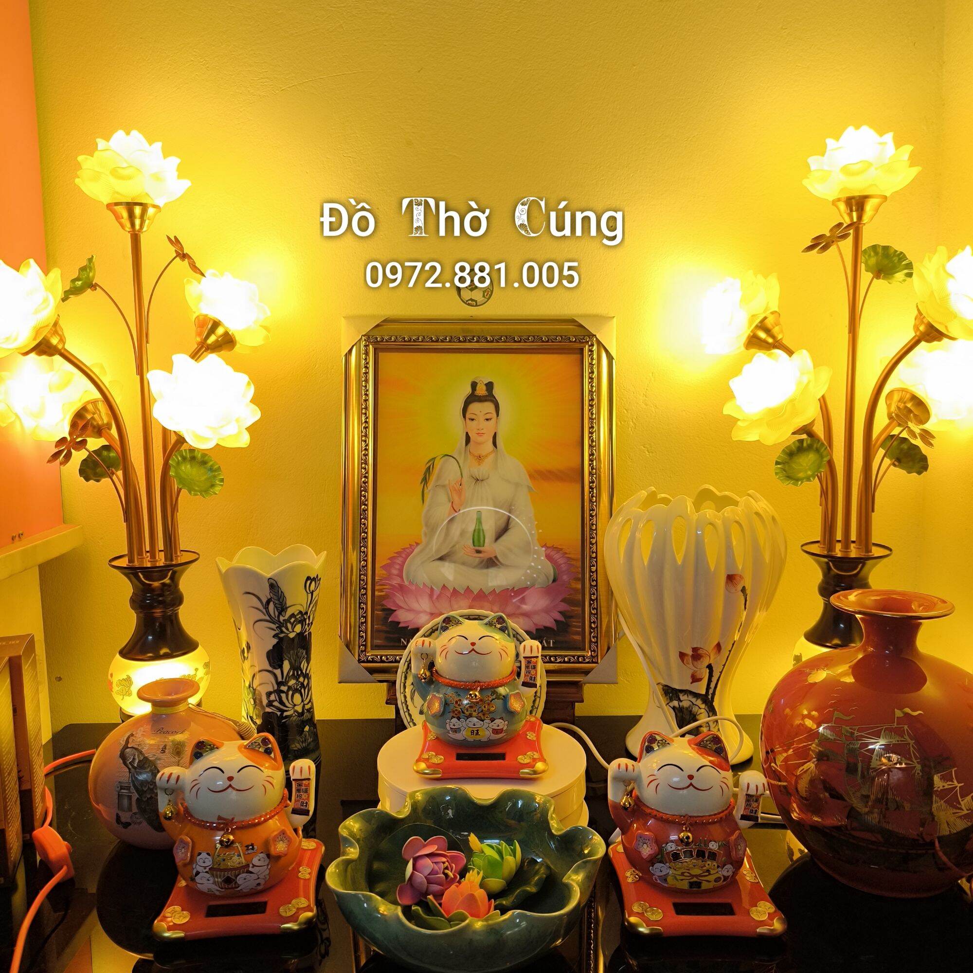 Đèn thờ điện cao cấp , đèn Chùm bông lưu ly chân đồng ( thân dán sen hồng)