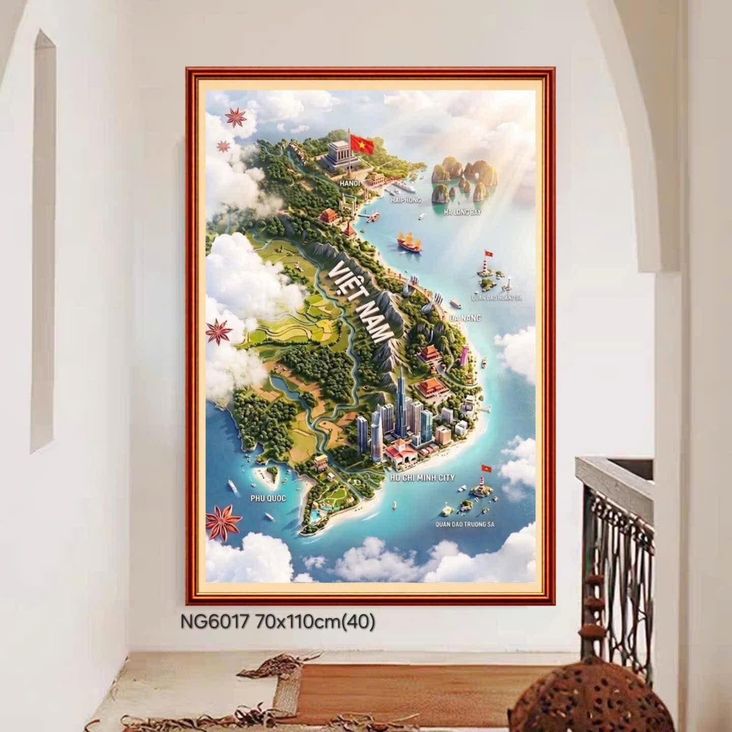 Tặng kéo + xỏ chỉ - Tranh thêu chữ thập Bản đồ Việt Nam- KT:70x110cm_ chưa thêu