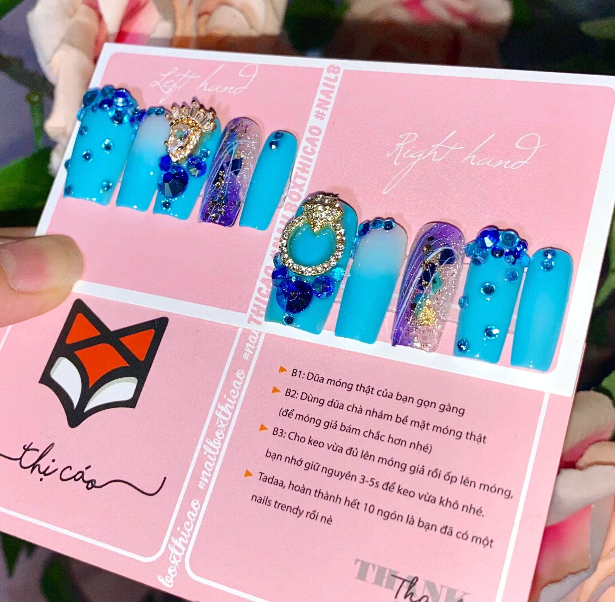 [Nails box ] Móng úp giả thiết kế tone xanh đính đá