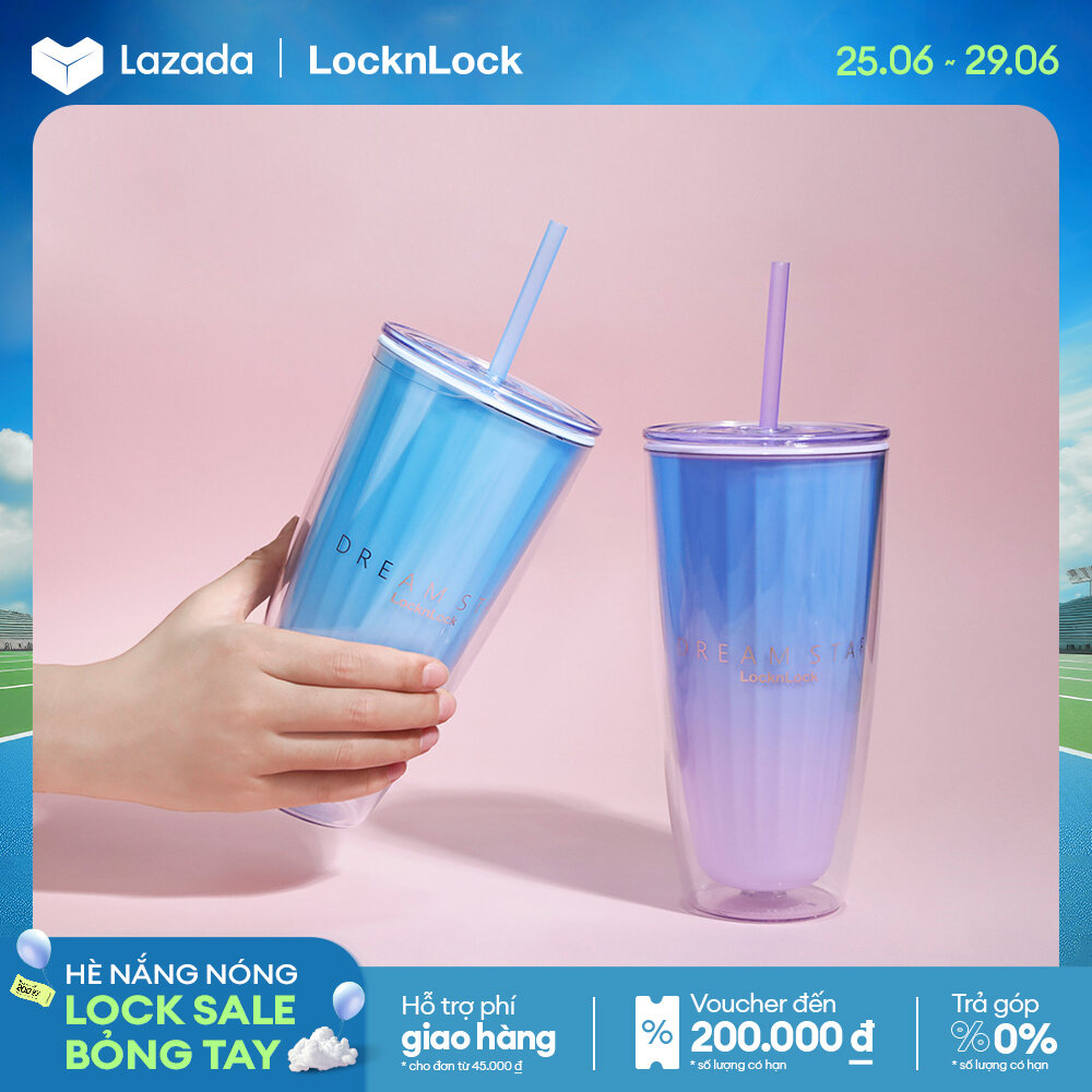 Ly nhựa 2 lớp Lock&Lock HAP522 Dream Star Double Wall Cold Up - 750ml - Màu Ombre trendy - Tím ngân hà/Xanh da trời - Kèm ống hút