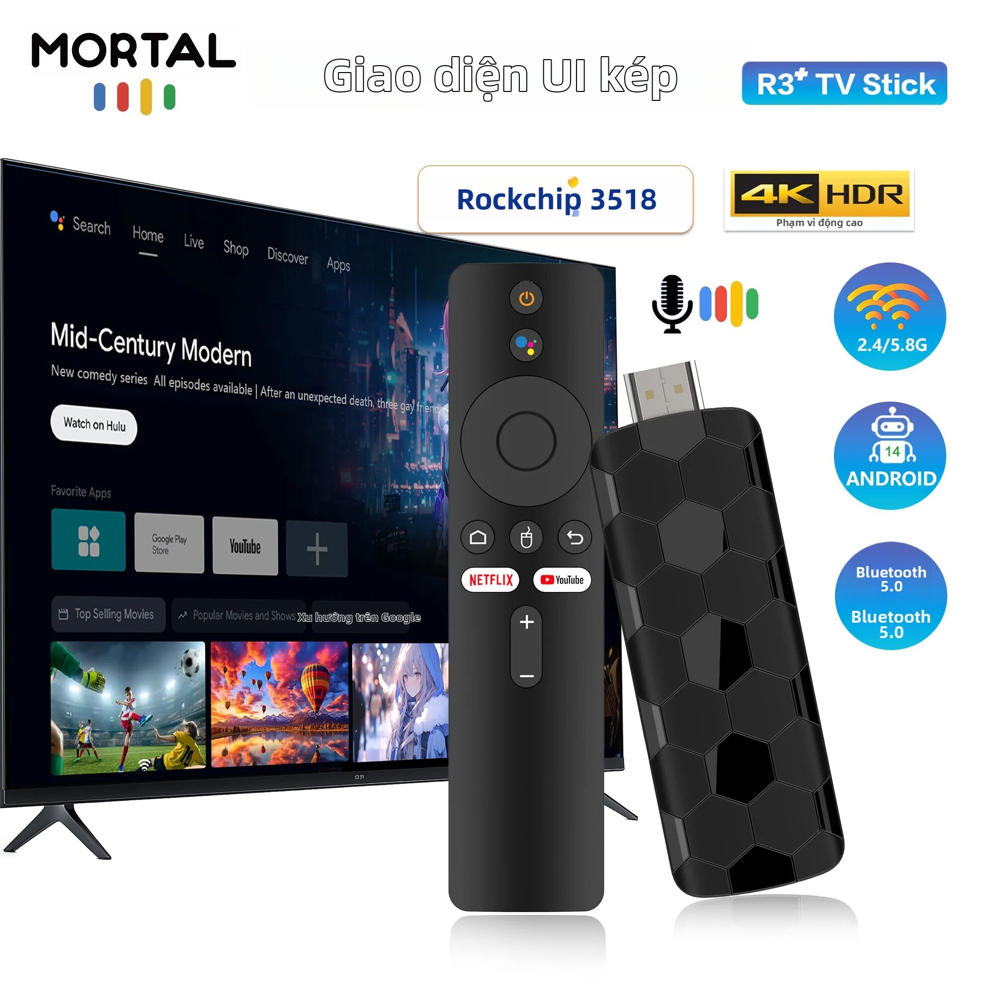 Thiết Bị Phát Trực Tuyến Đa Phương Tiện MORTAL Smart TV Stick R3+ Hệ Điều Hành Kép RK3518 Android 14, RAM 2GB, ROM 16GB, Giải Mã Video 4K, BT5.0, Wifi6