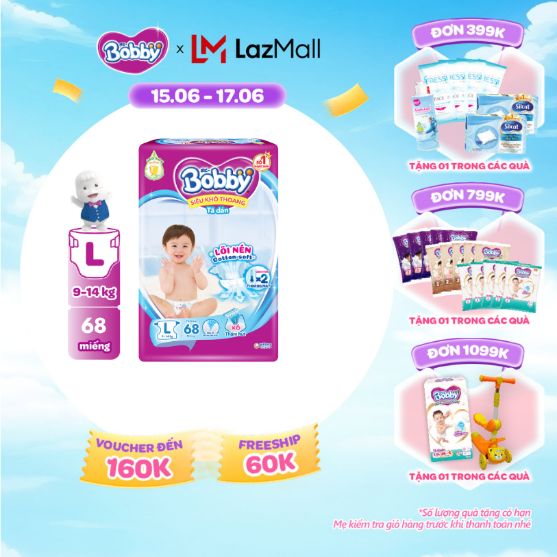 [SALE GIỮA THÁNG tặng QUÀ TO-SLCH]Tã/Bỉm dán Bobby 3mm Ultra Jumbo Siêu khô thoáng L68