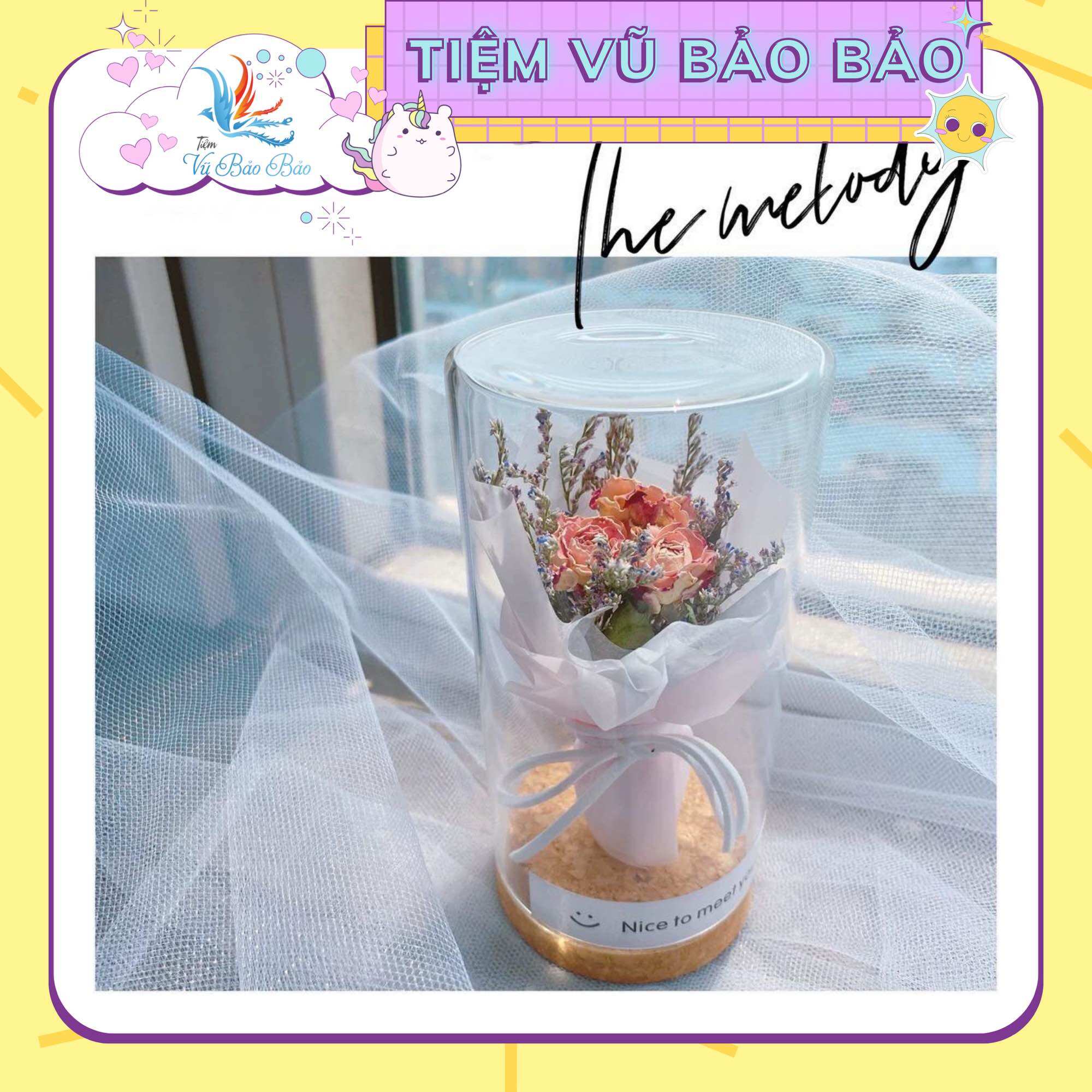 Lọ ước nguyện chai thủy tinh hoa khô bó hoa vĩnh cửu nắp kính hoa hồng bó hoa khô mini trang trí quà tặng