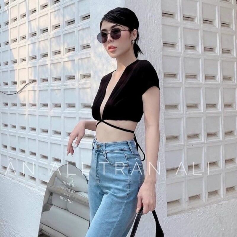 Áo Đắp Chéo Dây Quấn Eo Tay Ngắn Sexy