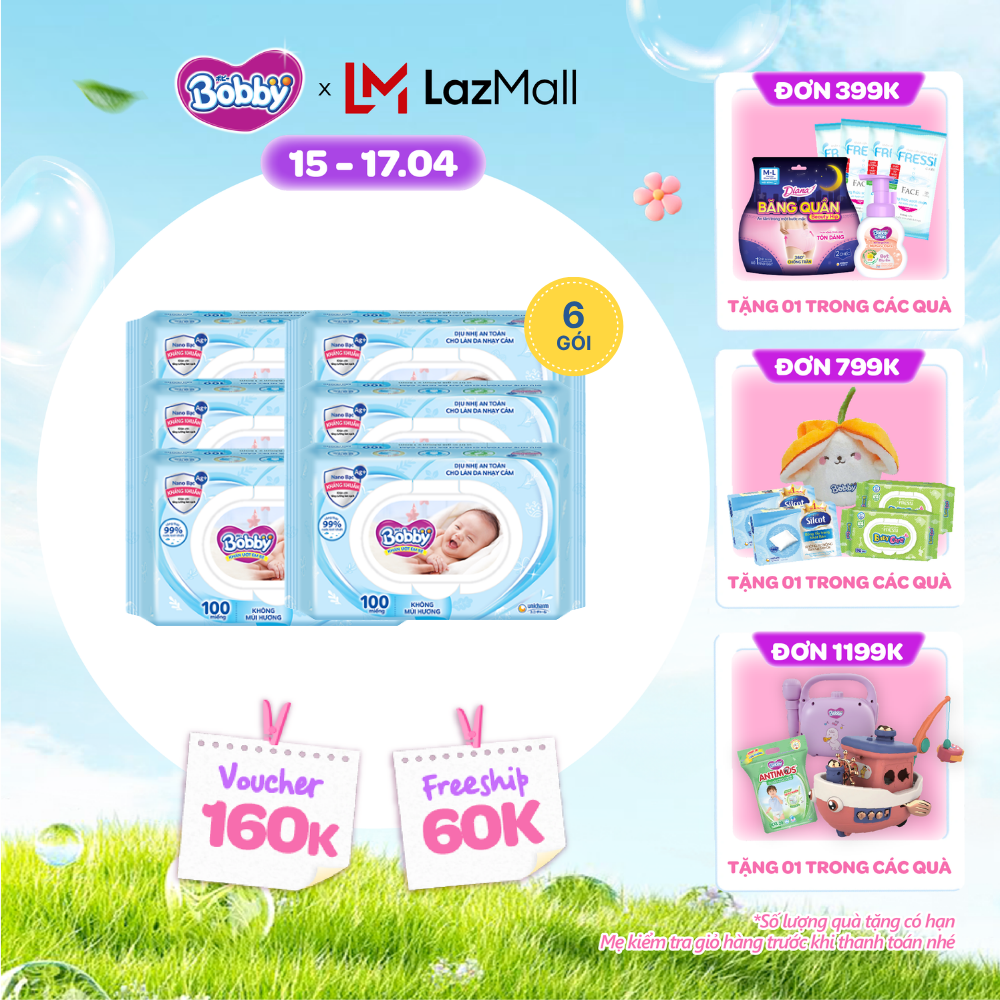 [CHỈ 18-24.04 QT Đơn 899K/1199K]Combo 6 gói khăn ướt Bobby Care không hương 100 miếng/gói