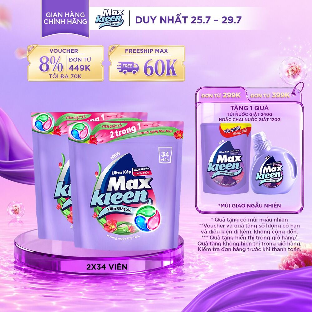 Combo 2 Túi Viên Giặt Xả MaxKleen 2 Trong 1 hương Ngày Thư Thái (34 viên/ túi)