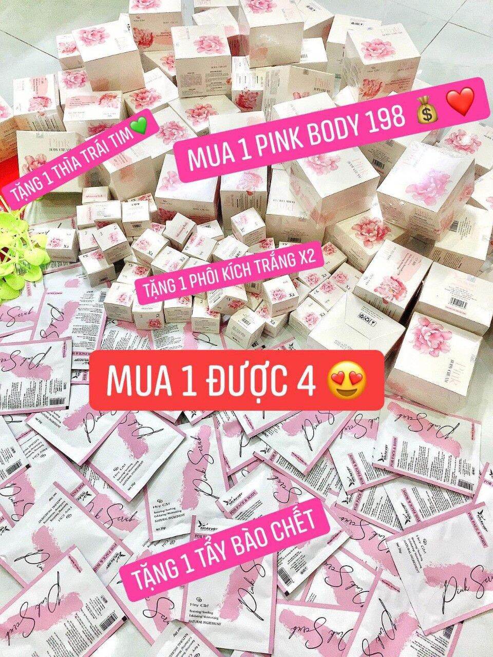 Body Pink Mua 1 Tặng 3 ( 1 Body 1 Kích Trắng 1 Tẩy Tế Bào Chết 1 Cây Muỗng Trộn Kem)