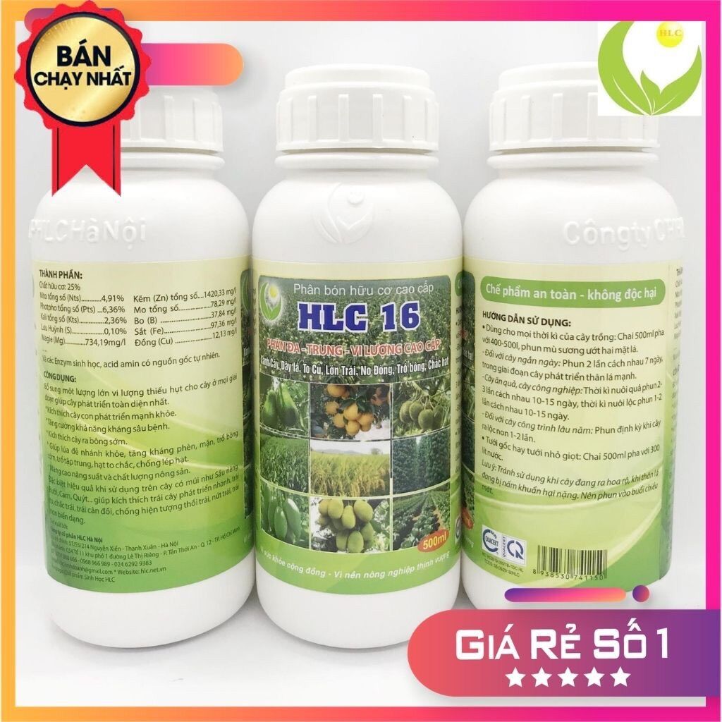 Phân bón hữu cơ cao cấp hlc 16 - phân bón lá kích mầm kích chồi dưỡng trái cho cây ăn quả, hoa, cây cảnh, rau màu- 500ml