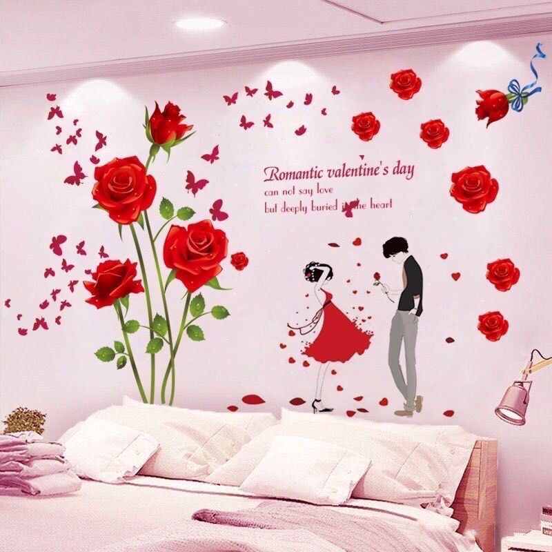 Decal dán tường phòng ngủ hoa hồng và cặp đôi