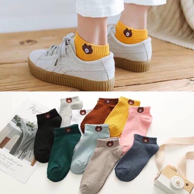 Set 10 đôi tất nam/nữ, vớ ulzzang trơn cổ ngắn hình gấu brown - tất gấu vớ gấu trendy hot hit -the1997store