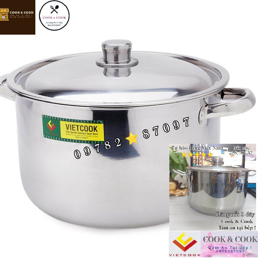 Nồi luộc gà 3 đáy Vietcook inox 430 đủ size 24, 26, 28, 30, 32 sử dụng được trên bếp từ