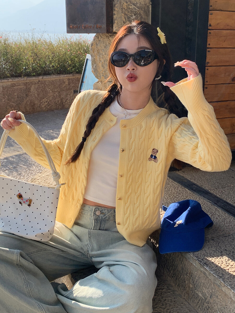 Áo Len Cardigan Len Dệt Kim Màu Xám Cho Nữ Áo Len Cardigan Thêu Hình Gấu Áo Len Cardigan Đầu Thu Áo 