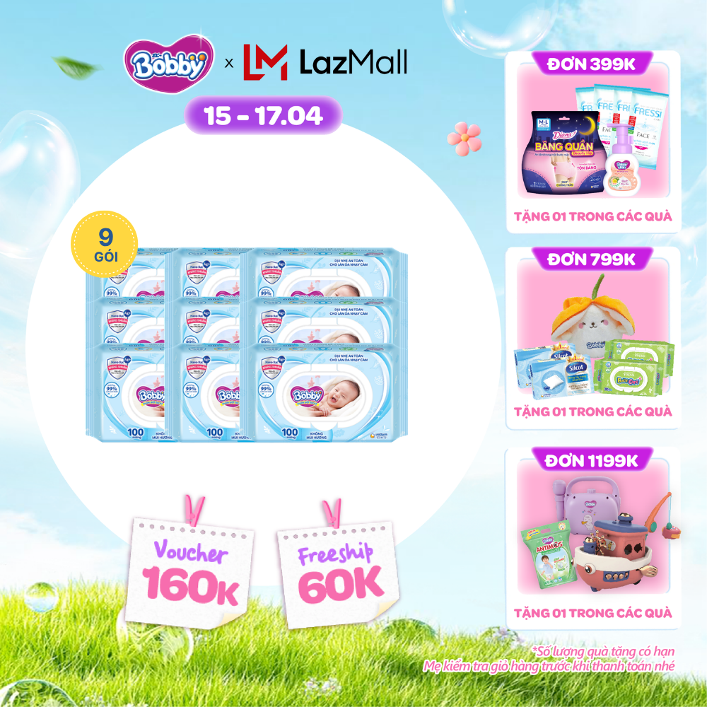 [CHỈ 18-24.04 QT Đơn 899K/1199K]Combo 9 gói khăn ướt Bobby Care không hương 100 miếng/gói