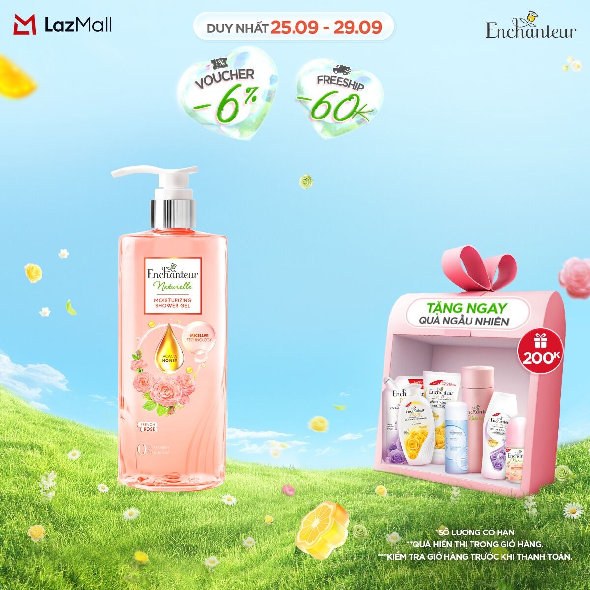 Sữa tắm dưỡng da Enchanteur Naturelle hương hoa hồng Pháp 510gr