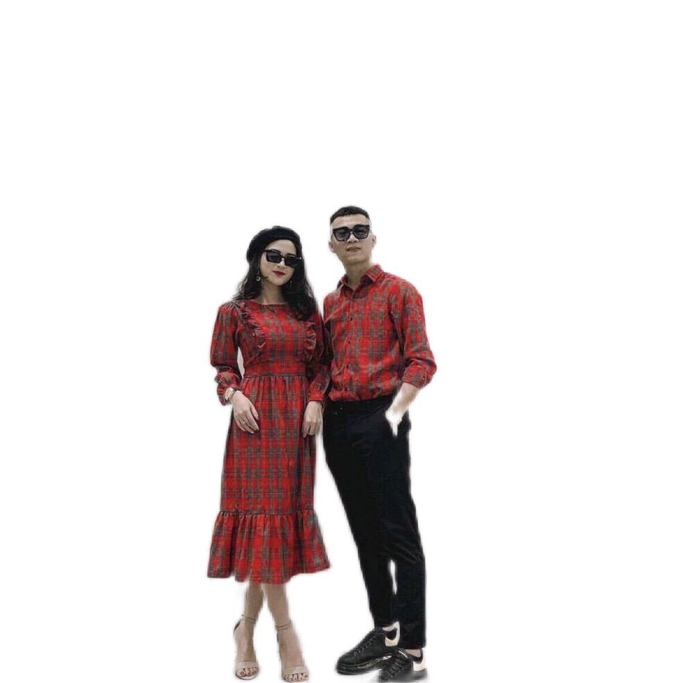 Set đồ đôi nam nữ caro đỏ form ôm tay dài, đuôi cá