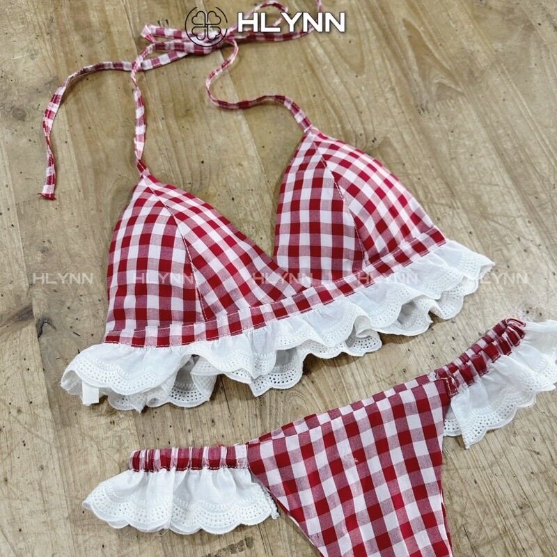 M212 Sét đồ lót kiêm bikini đi biển nữ kẻ caro viền ren m212